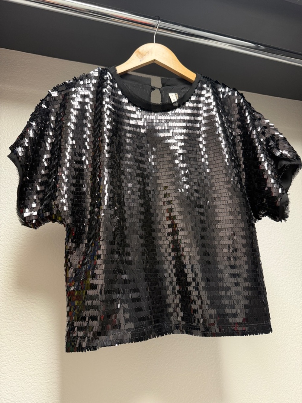 Glam Black Sequin Short Sleeve Women's Top - Size S